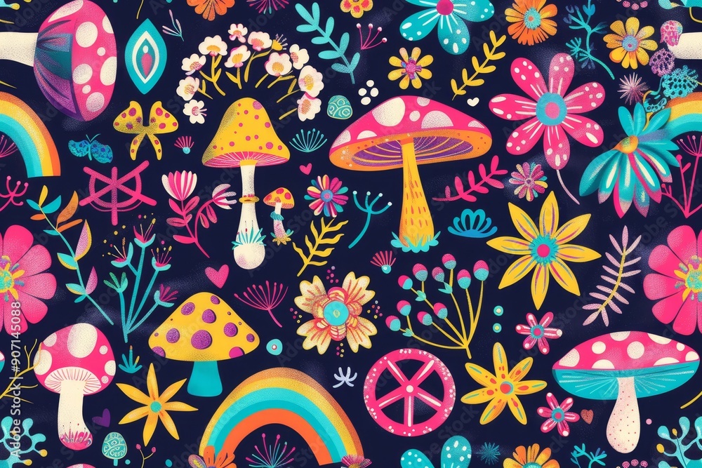 Poster a black background with a pattern of flowers and peace signs, psychedelic swirl of patterns and shap