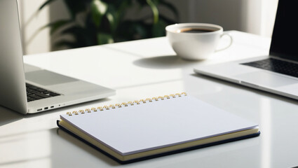 a desk with a laptop and a notebook and cup of coffee, isolated background for text