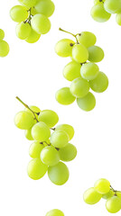 Falling green grapes isolated on white background, full depth of field, transparent png background