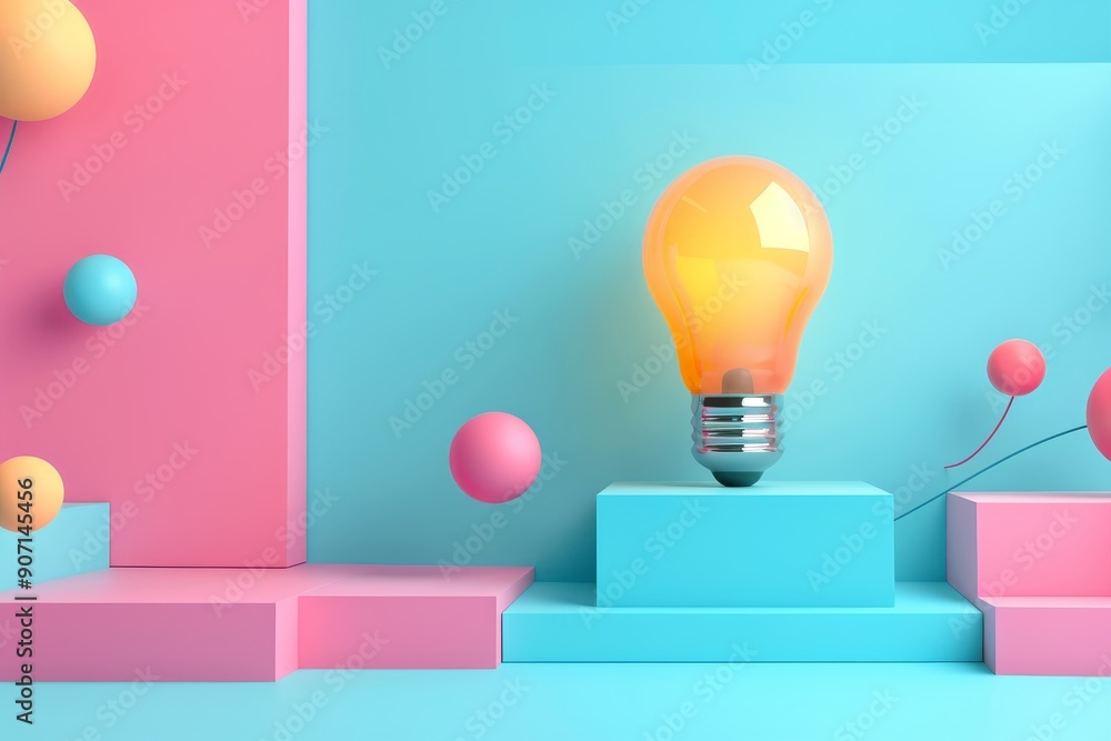Poster a light bulb with a network of dots in the background, rotating 3d icon of a lightbulb symbolizes id