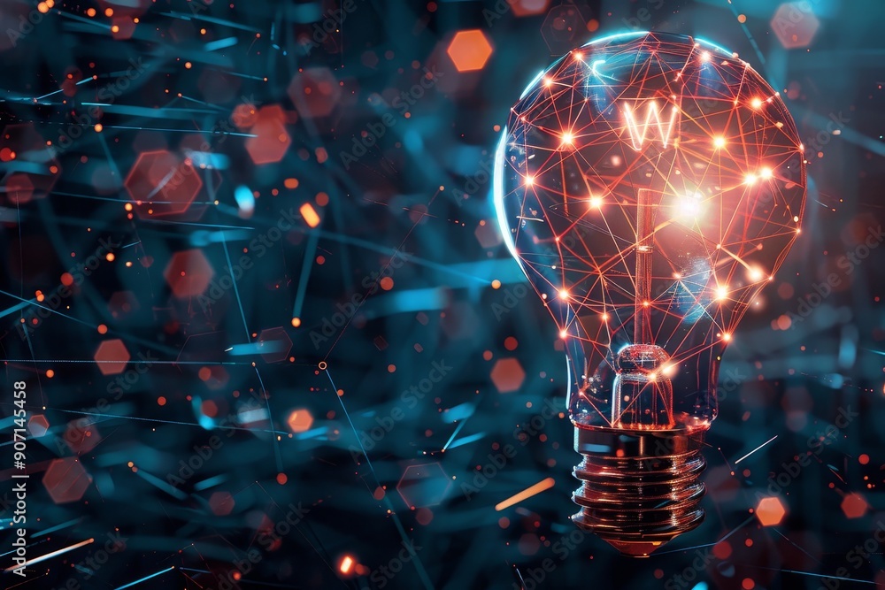 Fototapete a light bulb with a network of dots in the background, rotating 3d icon of a lightbulb symbolizes id