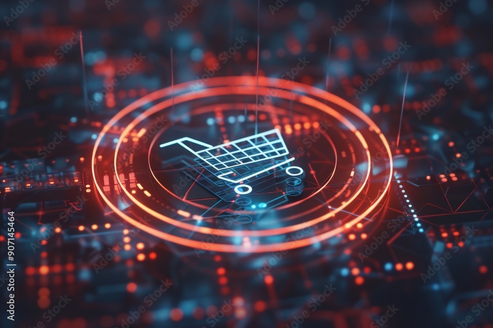 Poster a shopping cart on a digital background, rotating 3d icon of a shopping cart symbolizes e-commerce