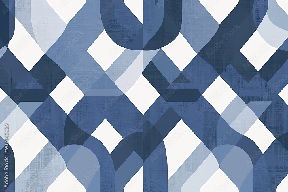 Poster a close up of a woven material with a blue background, seamless pattern featuring interlocking geometric shapes