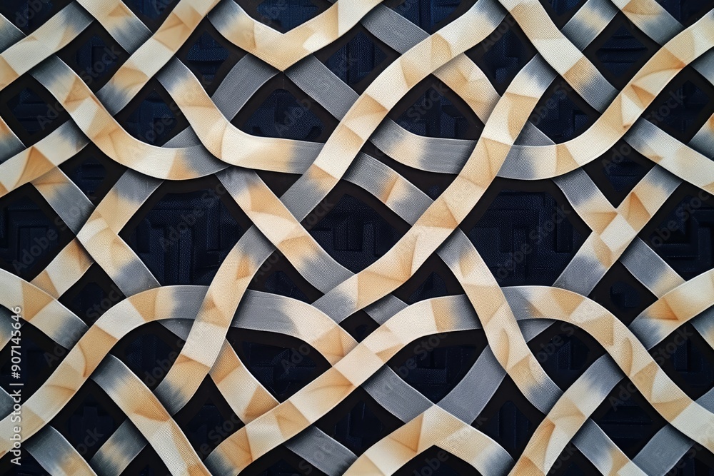 Poster a close up of a woven material with a blue background, seamless pattern featuring interlocking geome