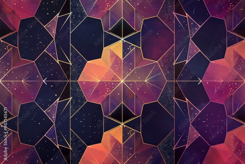 Poster a close up of a woven material with a blue background, seamless pattern of geometric stars and polyg