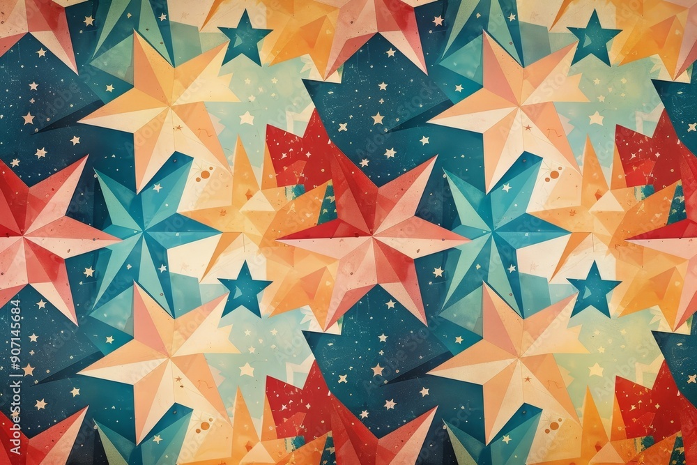 Aufkleber a close up of a woven material with a blue background, seamless pattern of geometric stars and polyg