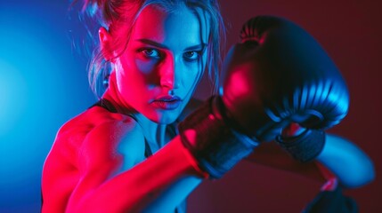 female boxer, illuminated by a vibrant red and blue light, throws a punch in the boxing ring. Her intensity is palpable as she focuses on her target.