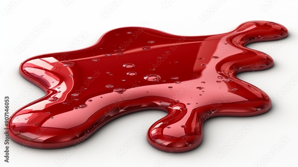 Poster a red, glossy liquid spills and spreads on a white surface, creating an irregular shape with small b