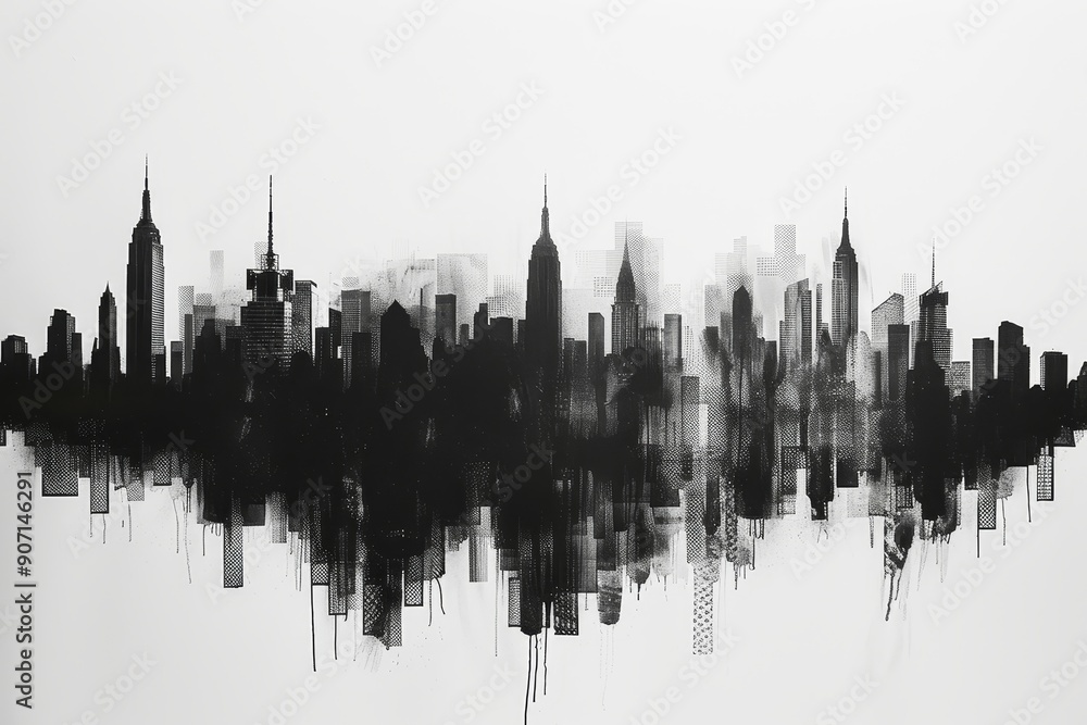 Aufkleber a painting of a city skyline with buildings, a computer screen with a bunch of different items on it, skyline of a bustling city where the buildings are represented by the negative space