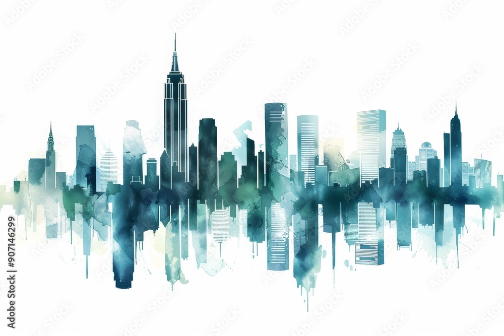 Aufkleber a painting of a city skyline with buildings, a computer screen with a bunch of different items on it