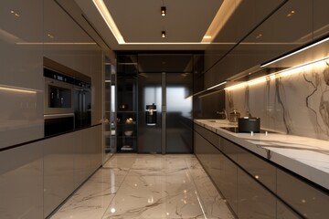 a kitchen with a marble counter top and a stainless steel oven, a computer screen with a bunch of different items on it, state-of-the-art hospital with modern facilities