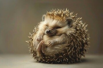 a hedgehog curled up in a ball, sleepy hedgehog curls into a ball, its spines forming a protective shield