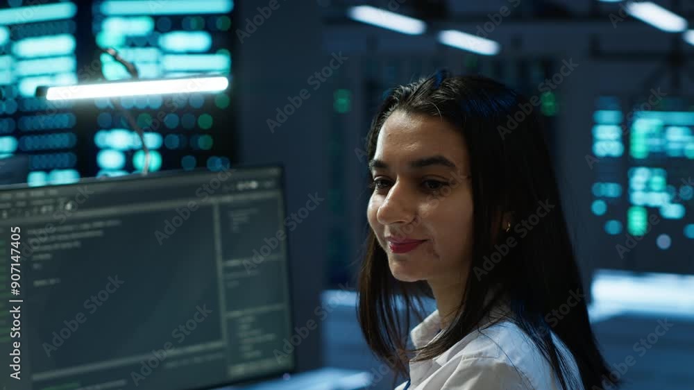 Poster portrait of cheerful engineer in data center installing software on computer, troubleshooting issues