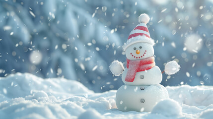 A cute snowman wearing a scarf and hat, sitting in the white snow with a background of trees covered in heavy snow.