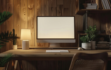 Laptop blank screen on smooth table, office accessories aside. Concept online work, remote job