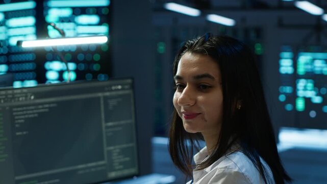 Portrait of cheerful engineer in data center installing software on computer, troubleshooting issues. Smiling IT specialist in server room establishing performance benchmarks