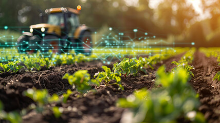 Modern farming with digital overlay of agribusiness and VR technology