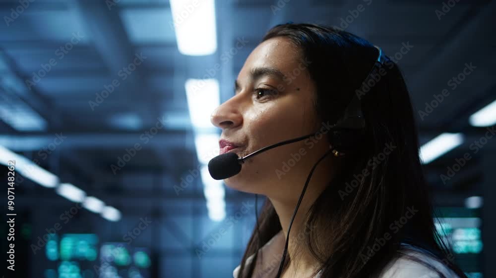 Poster it expert in data center provides technical support to customers, troubleshooting issues, close up. 