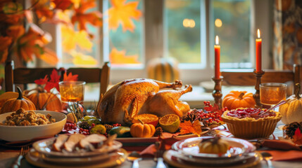 Beautifully Set Thanksgiving Dinner Table with Roasted Turkey, Mashed Potatoes, Cranberry Sauce, Pumpkin Pie, and Traditional Dishes, Featuring Autumn-Decorated Tablecloth and Tableware, in a Warm Hom