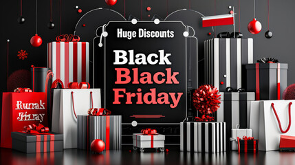 Modern Black Friday Discount Sign: Bold Red and White 'Huge Discounts' and 'Black Friday' Text, Surrounded by Shopping Bags, Gift Boxes, and Sale Tags on a Black Background