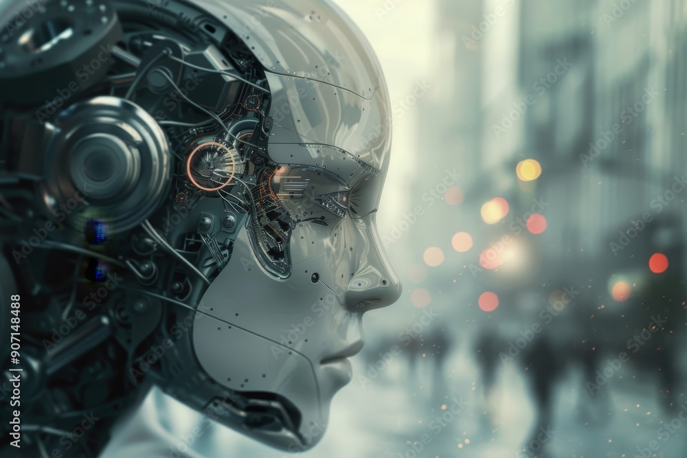 Poster robot looking at city transhumanist society where humans merge with machines