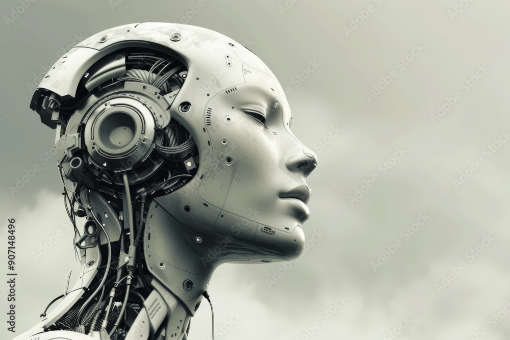 Poster robot looking at city transhumanist society where humans merge with machines