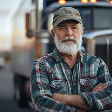 A mature bearded truck driver standing in front of a tractor trailer in a worn trucker hat with arms crossed