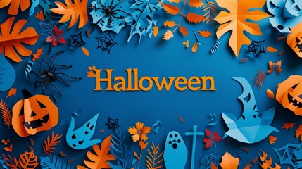 halloween paper art banner with pumpkins, bats, ghosts, castle, and moon