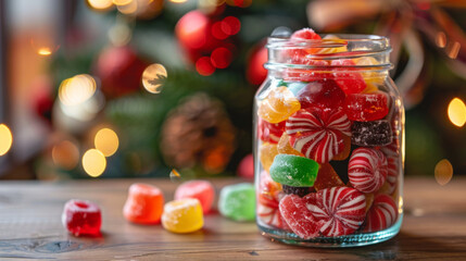 Clear Glass Jar Filled with Assorted Christmas Candies, Set Against a Home Environment Decorated with Christmas Ornaments