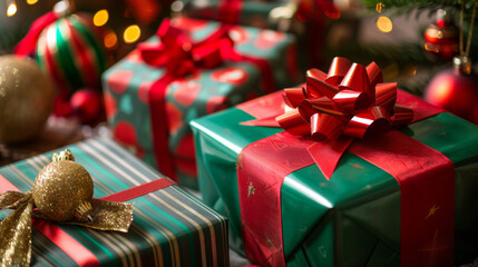 Pile of Beautifully Wrapped Christmas Presents in Red, Green, and Gold Paper with Ribbons, Set Against a Home Environment Decorated with Christmas Ornaments