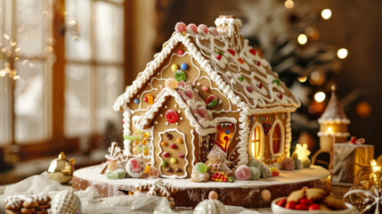 Meticulously Decorated Christmas Gingerbread House with Sugar-Powdered Roof and Candy and Icing Decorations, Set Against a Cozy Kitchen Environment with Christmas Decorations
