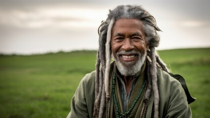 A man with dreadlocks and a green shirt smiling in the grass, AI