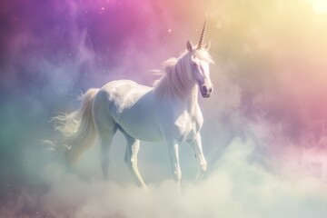 Fototapeta premium a unicorn is walking through a cloud filled sky, unicorn majestically standing on a rainbow with a transparent background