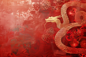 A red background with an elegant gold dragon snake in the style of traditional Chinese painting, with a Chinese New Year theme. 