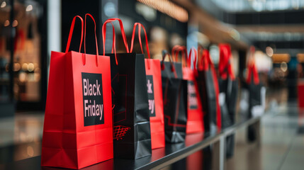 Row of Black Friday-Themed Shopping Bags with Red and White 'Black Friday' Text in a Modern Shopping Environment