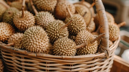Durians in a market scene, stacked in a traditional bamboo basket with natural lighting, highlighting their spiky surfaces and rich colors