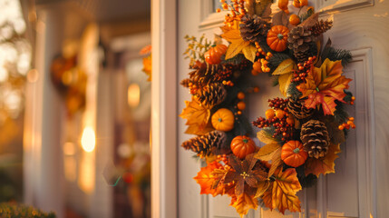 Thanksgiving Wreath on Front Door: Decorated with Orange and Yellow Leaves, Pinecones, and Small Pumpkins, with Warm Autumn Light at the House Entrance