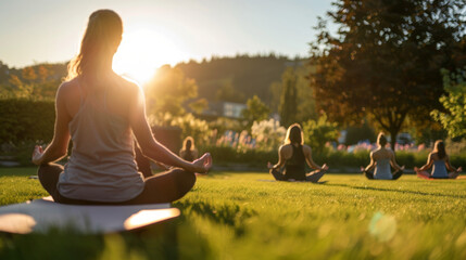 Outdoor Yoga at Sunrise: Group of People Practicing Yoga on a Lawn in Soft Morning Light with a Fresh Natural Background