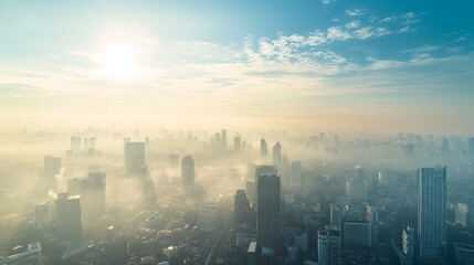 Urban Fog: Aerial View of City Skyline Shrouded in Morning Smog

