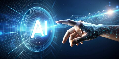 Generative ai. futuristic ai technology interface, robotic hand touching digital ai brain hologram, high tech background with glowing lines and particles, concept of artificial intelligence