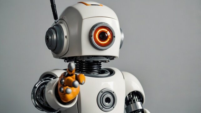 Cyborg artificial intelligence robot pointing out on something or someone