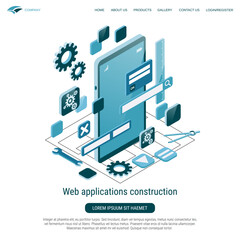 Web application construction, interface engineering 3d isometric vector concept illustration