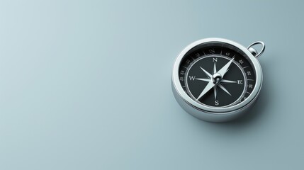 Sleek silver compass, perfectly polished with a sharp needle, isolated on a plain backdrop, designed with extra space for copy text or logos