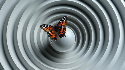a butterfly with orange and black wings resting on a gray spherical object. This object is placed at the center of concentric white circles, creating a 3D effect on a flat surface