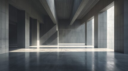 Empty abstract industrial concrete interior with a polished concrete floor, dark and dramatic lighting, minimalist design, 3D illustration