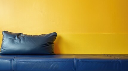 Contrasting surfaces with blue leather cushion and yellow painted board emphasizing negative space