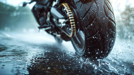 Close-up of motorcycle tire acceleration on asphalt road with water splashes