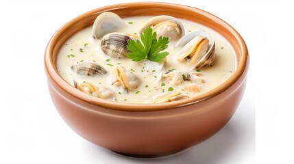 Freshly made clam chowder in a steaming bowl, vivid and detailed, isolated on a clean background, offering plenty of room for copy text or graphic elements