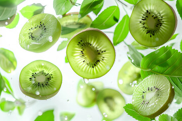 Fototapeta premium Ripe kiwi slices floating in the air with green leaves isolated on white background