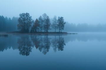 Tranquil lakeside at twilight with serene tree reflections in calm waters